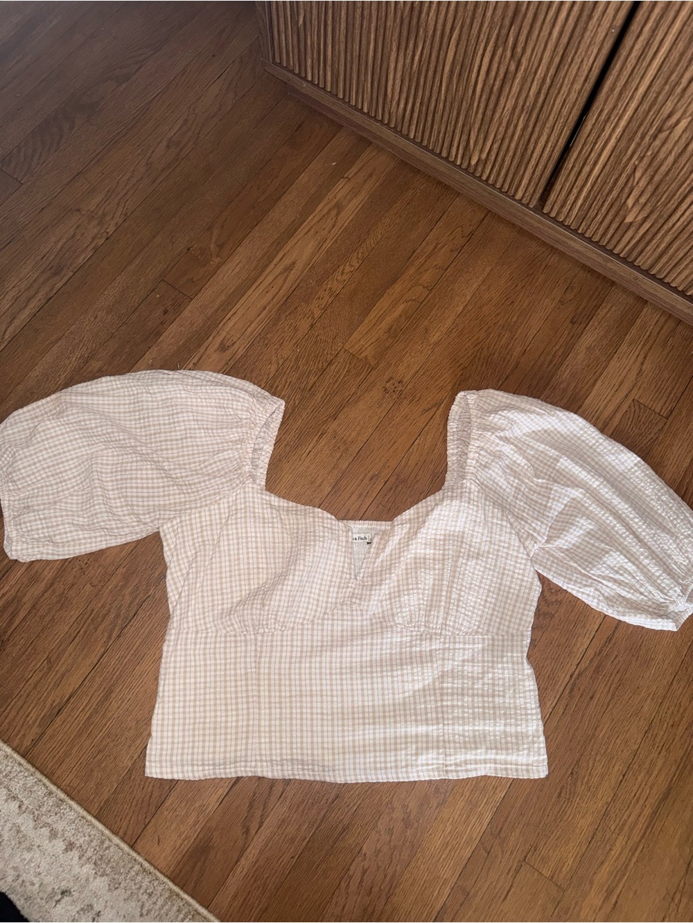 Abercrombie & Fitch Puff-Sleeve Check Top - Cream/Tan